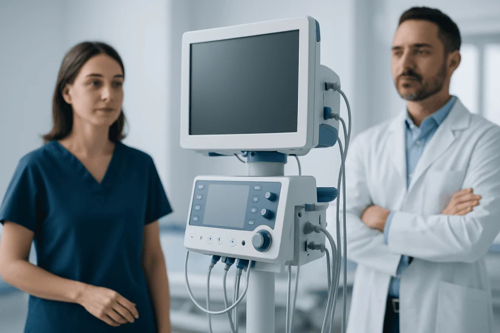 Medical professionals discussing patient care with monitoring equipment in hospital.