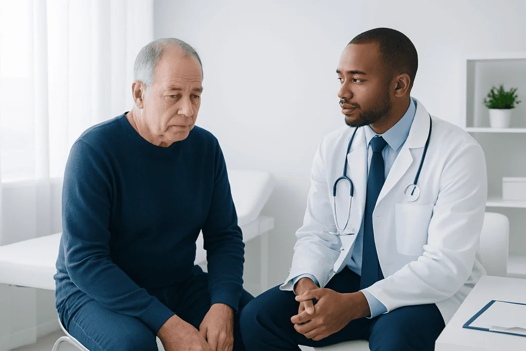 Doctor consulting with an elderly male patient in a medical office.