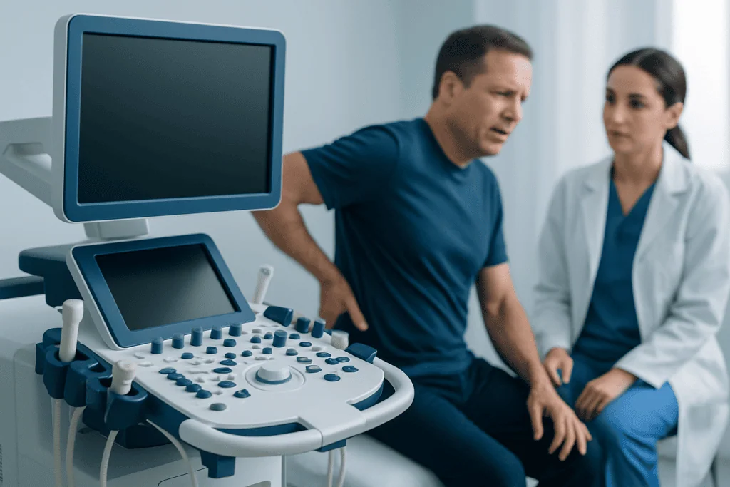 Doctor consulting patient with ultrasound machine in clinic setting.