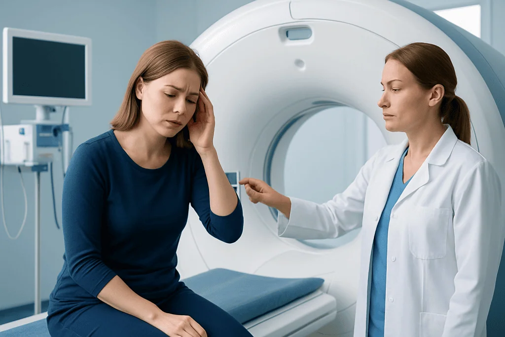 Woman experiencing headache during medical examination in hospital.