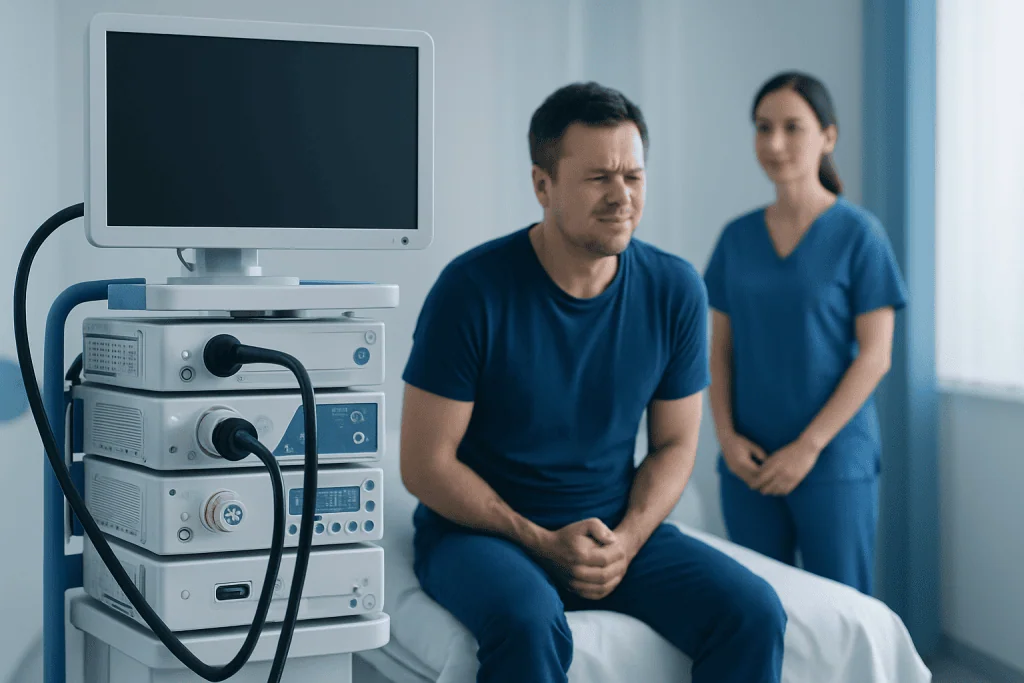 Patient experiencing discomfort during a medical examination at Acibadem Hospital.