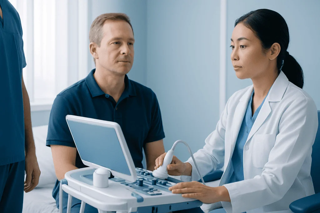Doctor performing an ultrasound examination on a male patient in a clinical setting.
