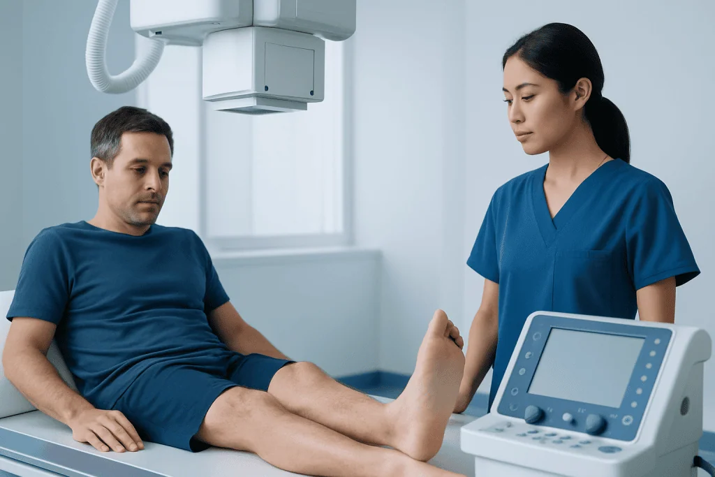 Doctor examines patient's foot using medical imaging equipment in hospital.