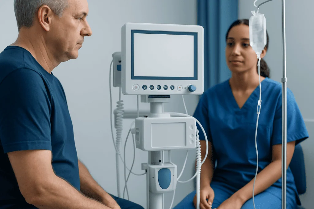 Patient and nurse in hospital room with medical monitor and IV drip.