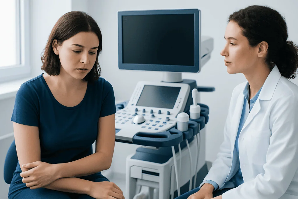 Doctor consulting a young woman during a medical examination in a clinic.