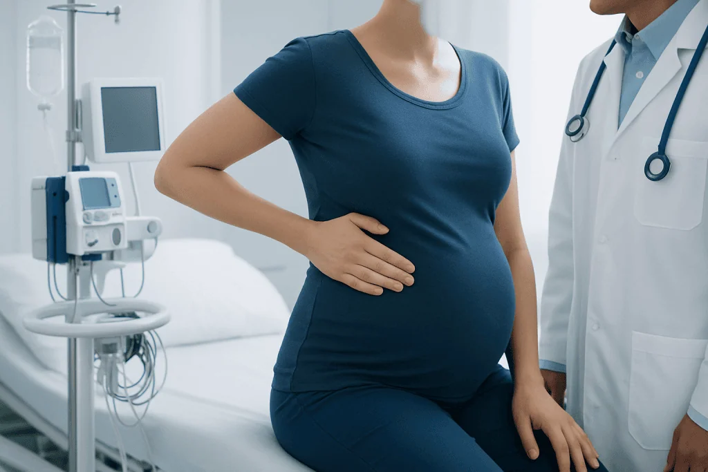 Pregnant woman with stomach pain in hospital room with medical equipment.