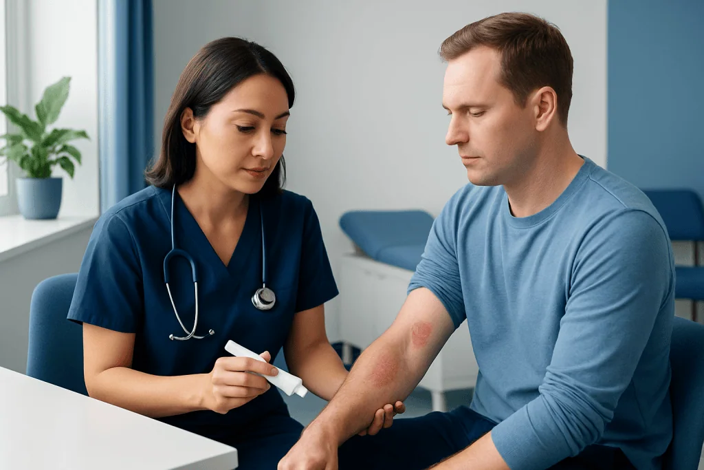 Doctor examining patient's skin for rash or irritation.
