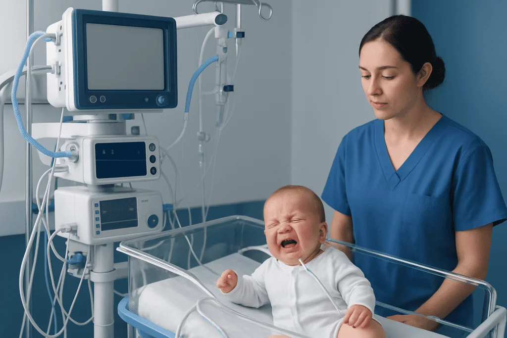 Pediatric nurse monitoring crying baby in hospital ICU.