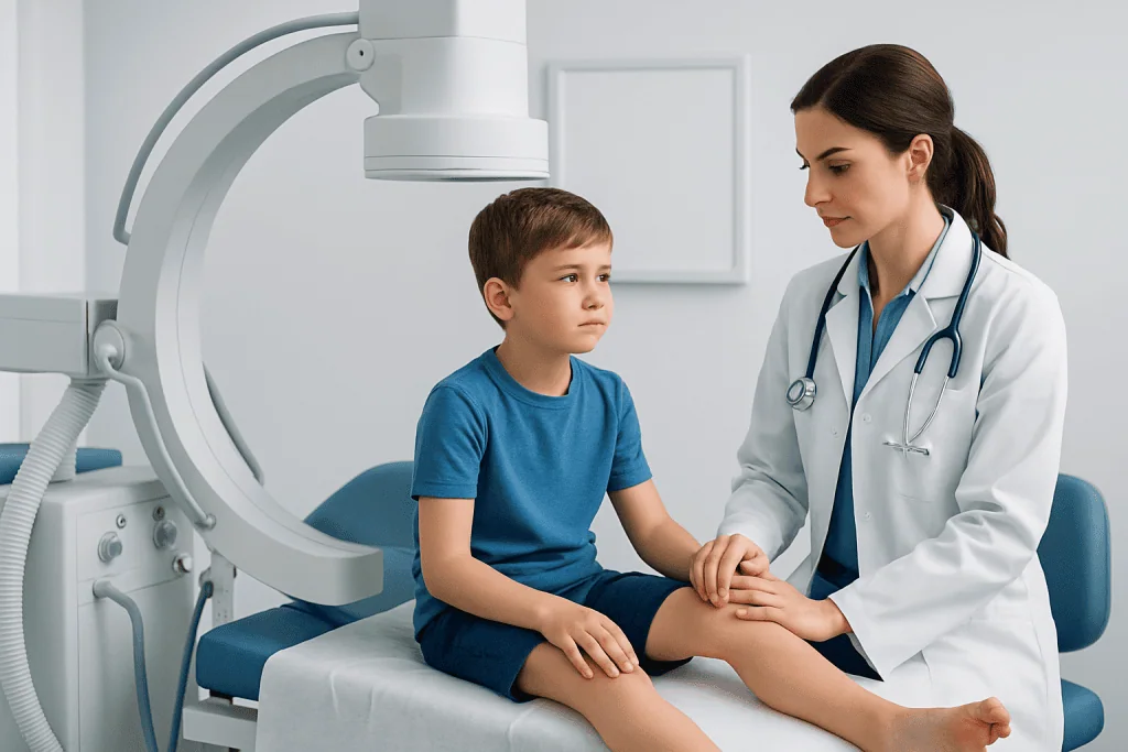Pediatric orthopedic consultation at Acibadem Hospital with a doctor and young patient.