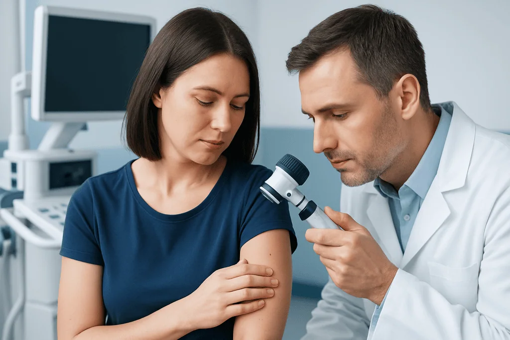 Dermatologist examining a mole on a woman's arm with a magnifying glass.