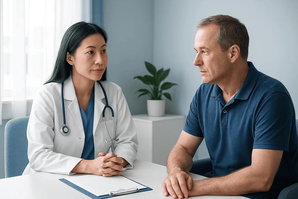 Doctor consulting with a male patient in a medical office setting.