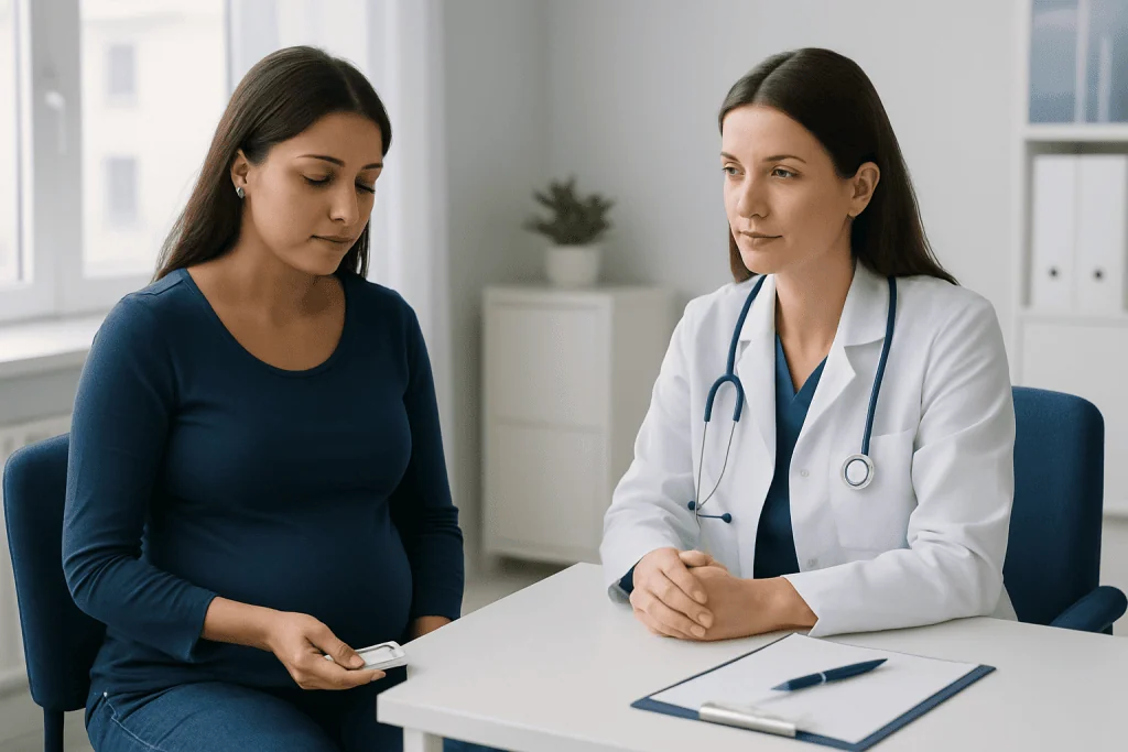 Pregnant woman consulting with a doctor in a medical office.