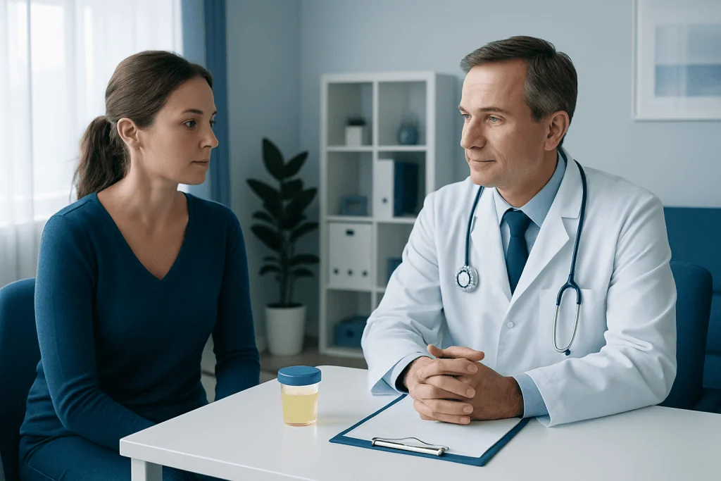 Doctor consulting with a female patient in a medical office.