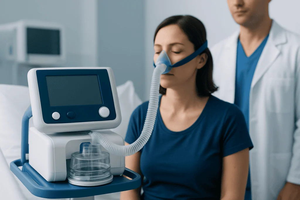 Patient using CPAP machine for sleep breathing therapy at hospital.