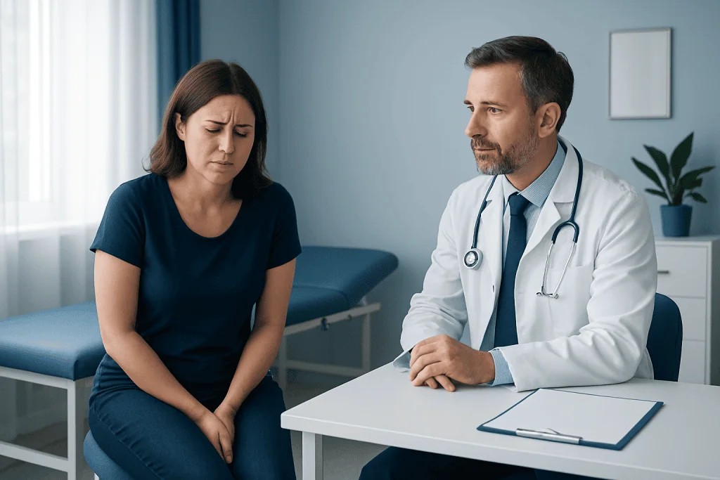 Doctor consulting with a woman patient in a medical office.