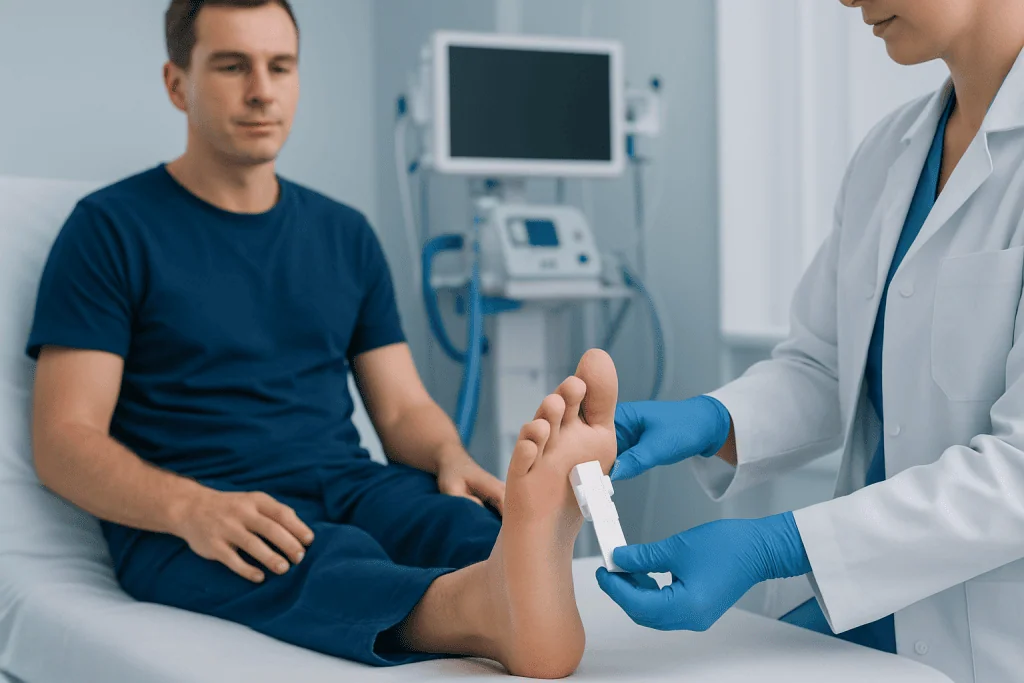 Doctor examining patient's foot with medical tools in hospital setting.