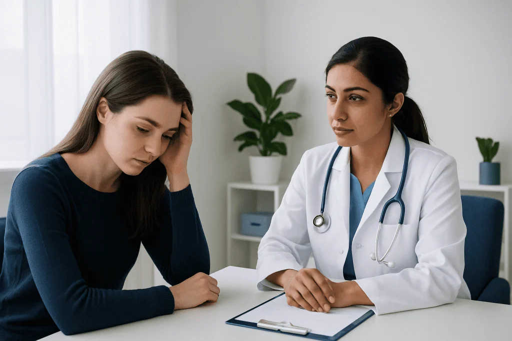 Doctor consulting a young woman about hair health in a clinic setting.