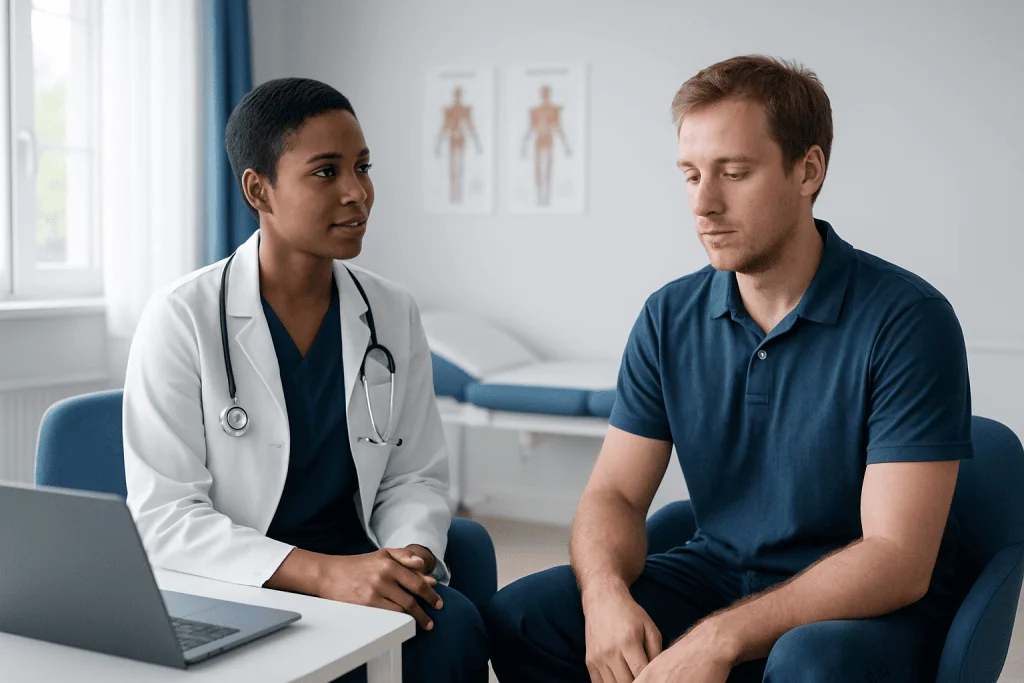 Doctor consulting with male patient in a medical office setting.
