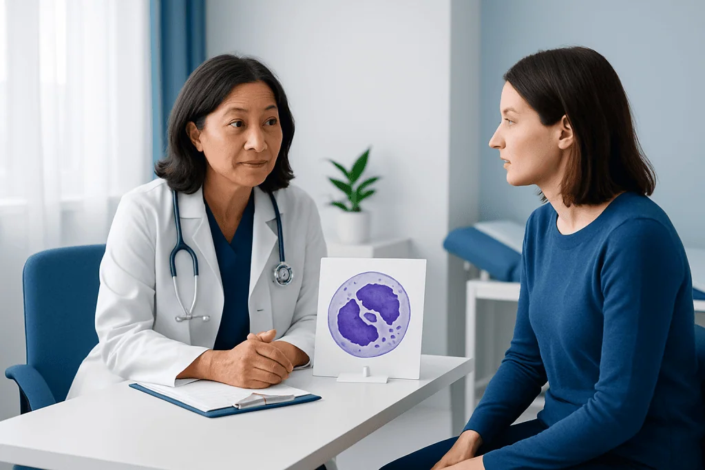 Doctor explaining blood test results to a patient in a medical office.