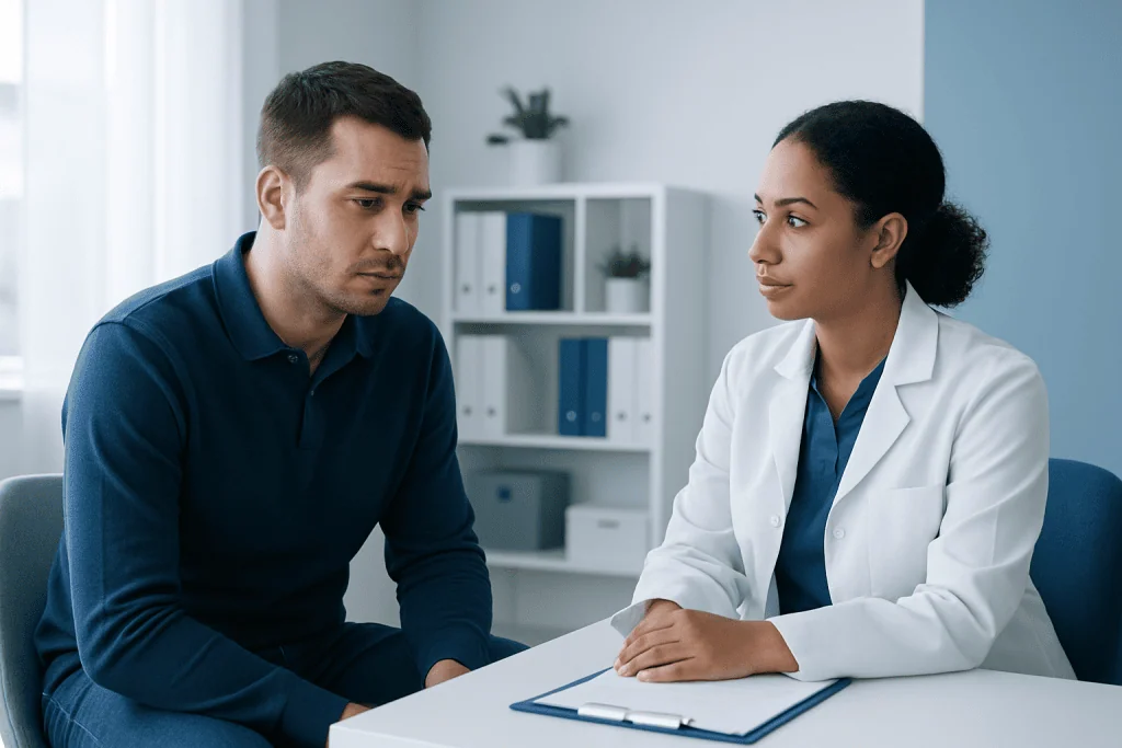 Doctor consulting with a male patient about health concerns in a medical office.