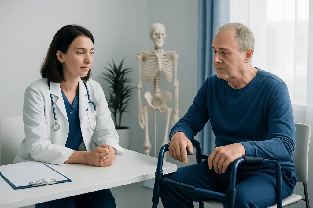 Doctor consulting with elderly patient in hospital room with skeleton model.