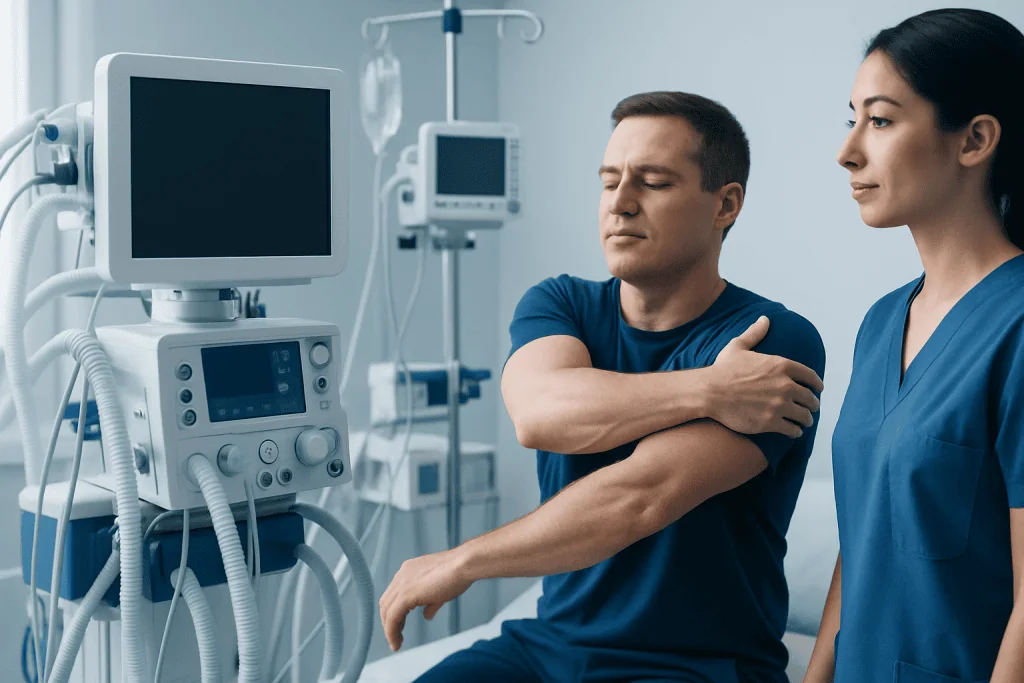 Patient experiencing shoulder pain during medical examination at hospital.