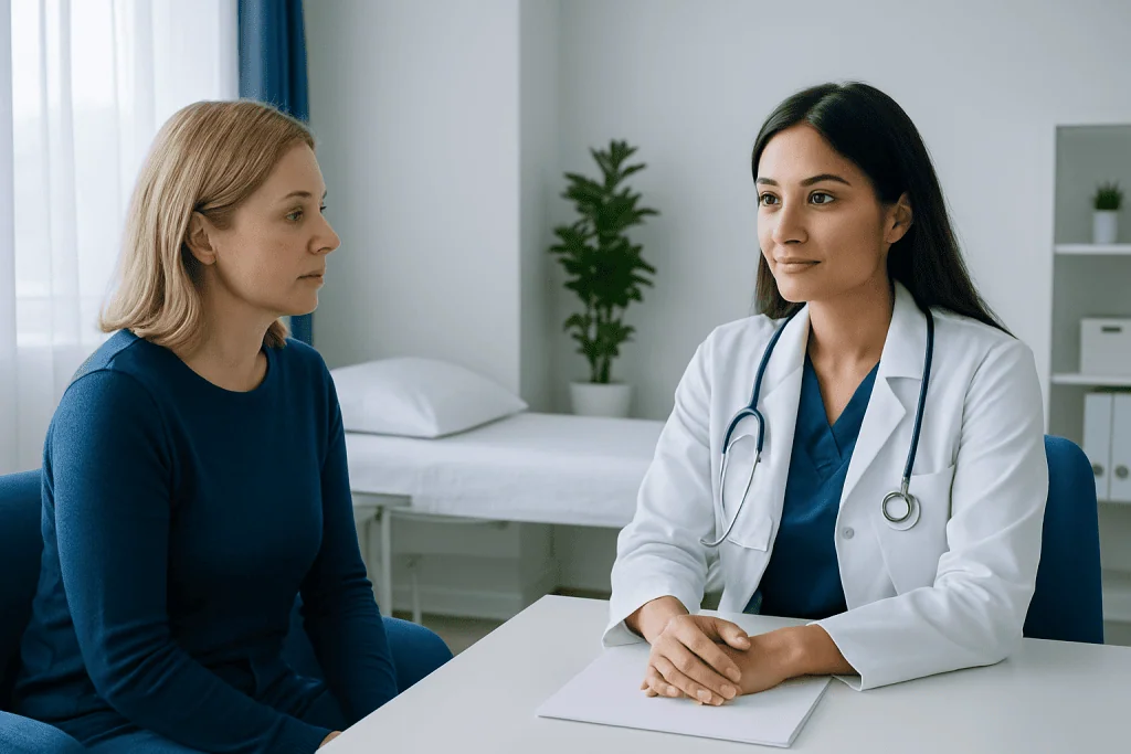 Doctor consulting with a female patient in a medical office.