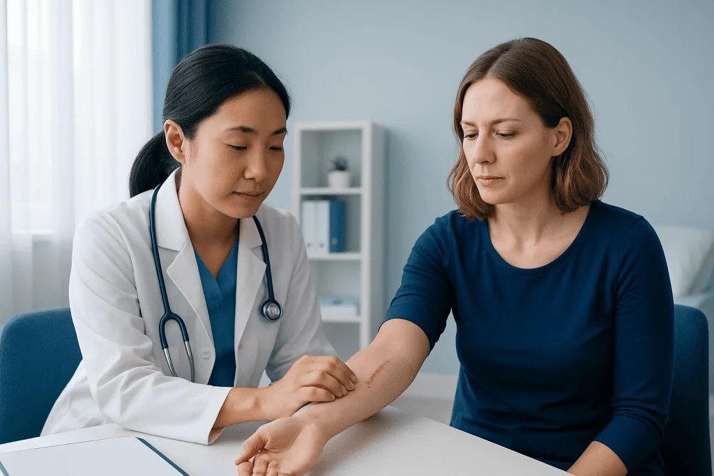 Doctor examining a patient's arm with a scratch mark in a clinical setting.