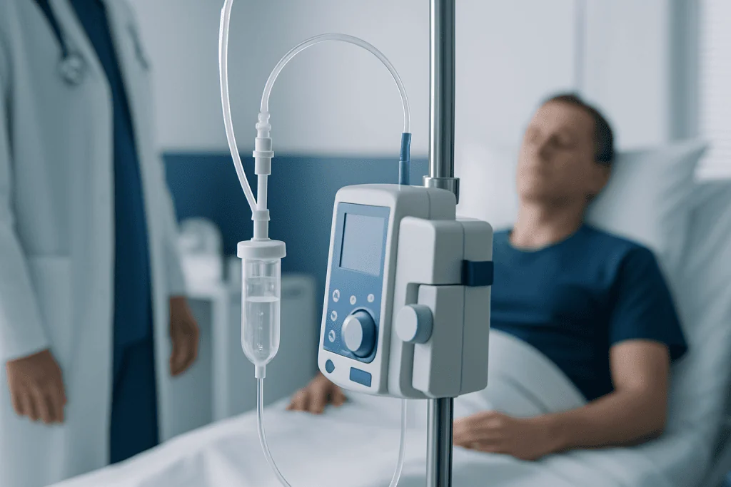 Patient receiving medical treatment with infusion pump in hospital.