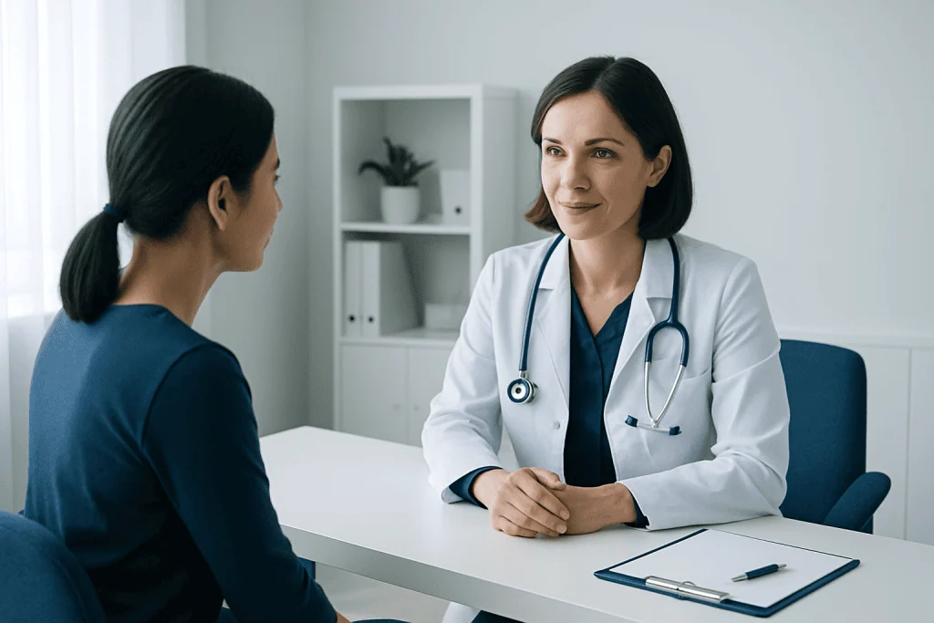 Doctor consulting with a patient in a modern medical office.