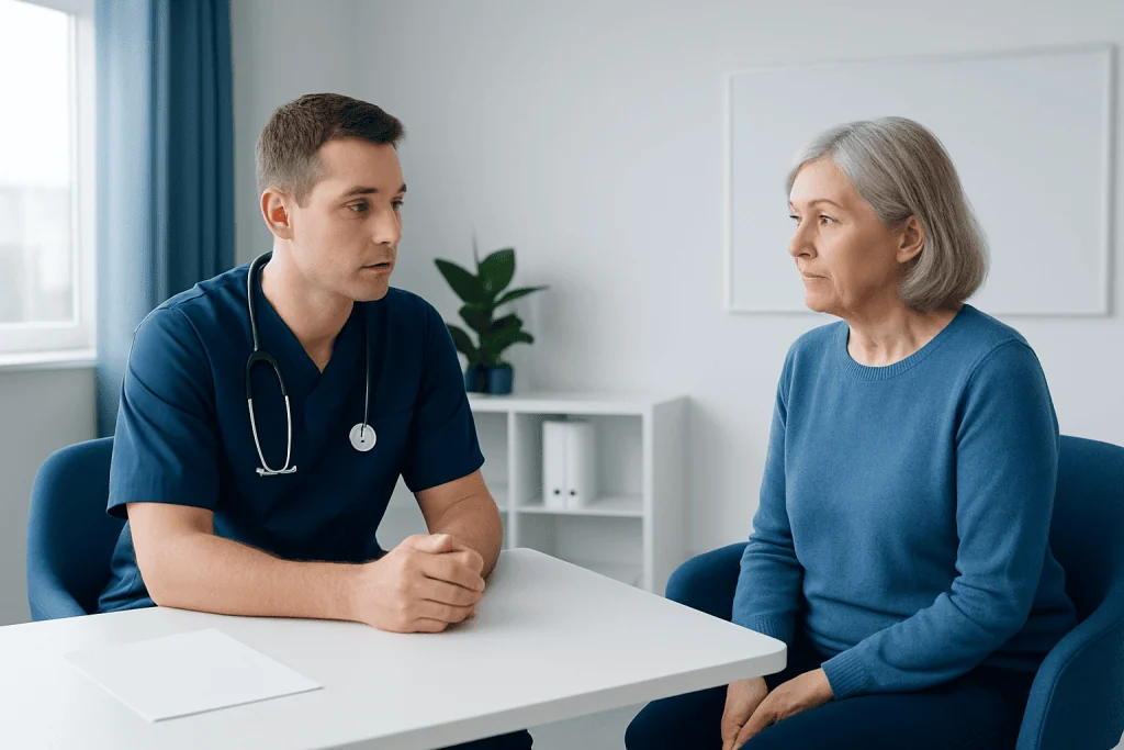 Doctor consulting with an elderly female patient in a medical office.