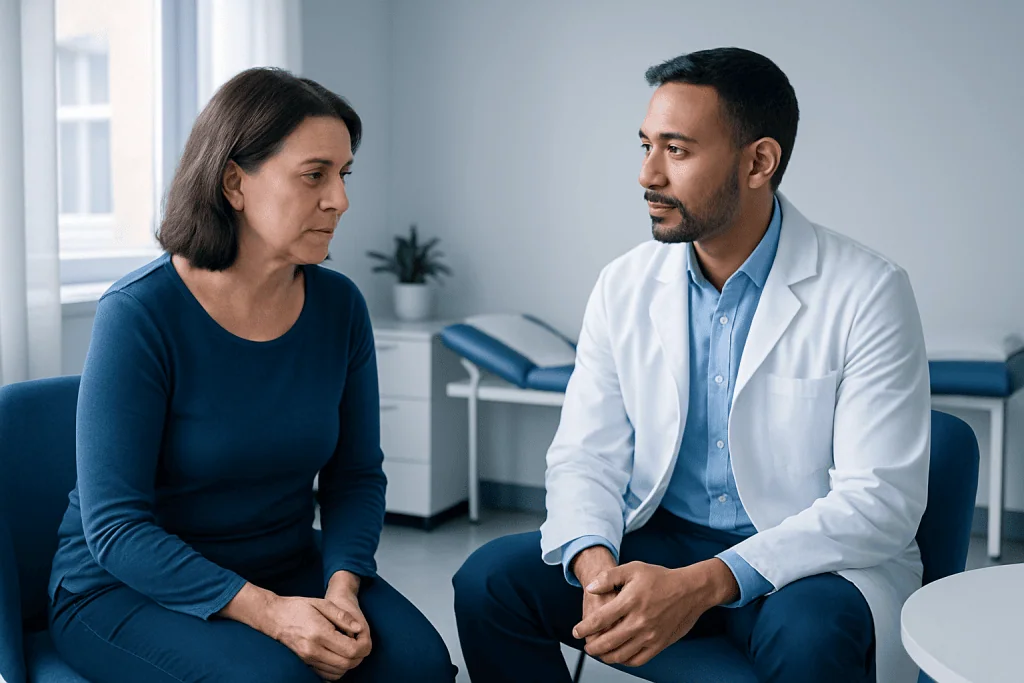 Doctor consulting with a female patient in a medical office setting.