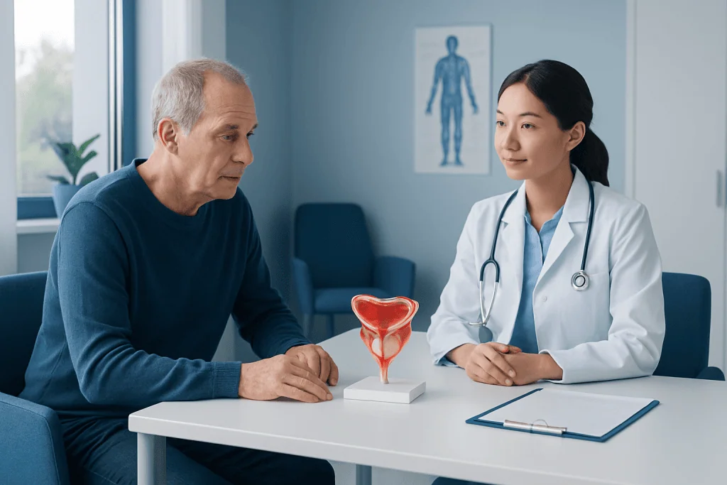 Urologist explaining prostate health to an older male patient with a prostate model.