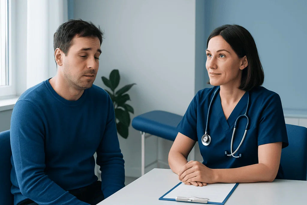 Doctor consulting with a male patient in a medical office.