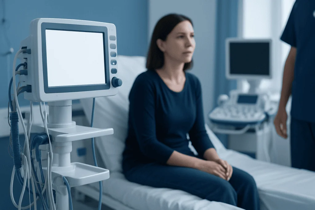 Patient in hospital room with medical monitors and healthcare staff nearby.