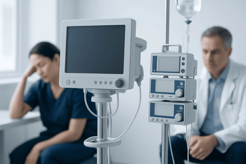 Medical equipment in a hospital room with a patient and doctor in the background.