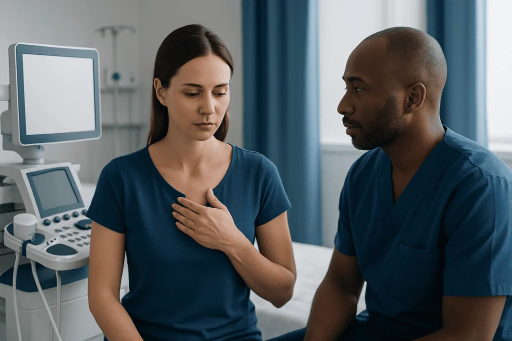 Patient consulting doctor about chest pain in hospital room.
