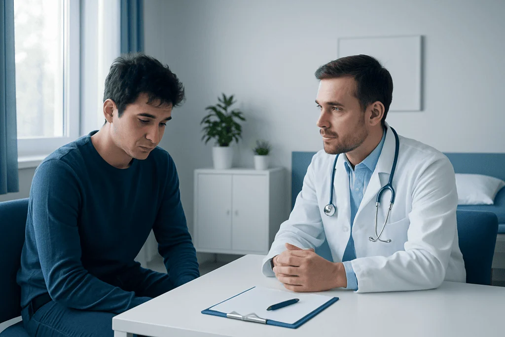 Doctor consulting with a young male patient in a modern clinic.