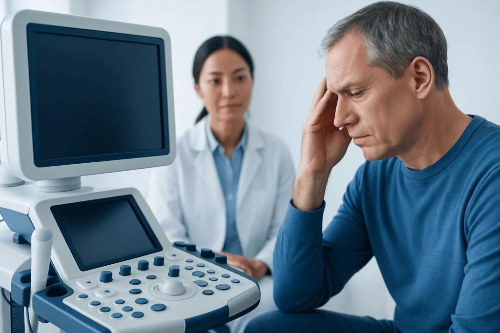 Man experiencing headache during medical consultation at hospital.
