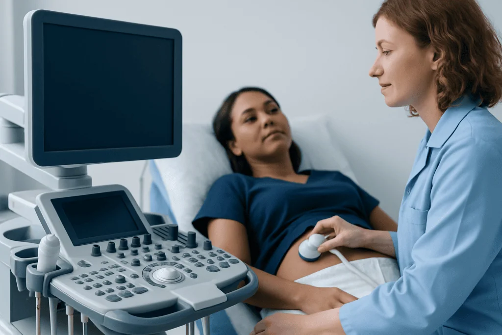 Medical professional performing ultrasound examination on patient in hospital bed.