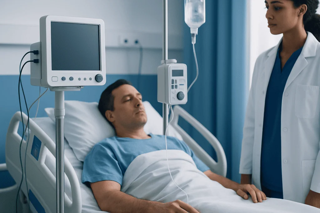 Patient in hospital bed with medical staff monitoring vital signs.