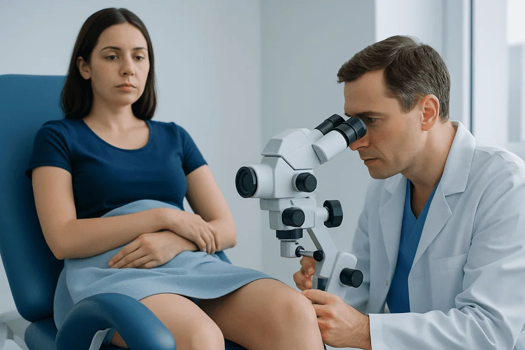 Doctor examining female patient with microscope in clinic setting.