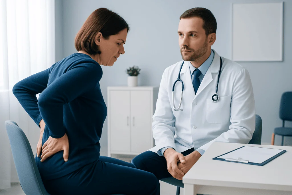 Doctor consulting with a patient about lower back pain in a medical office.