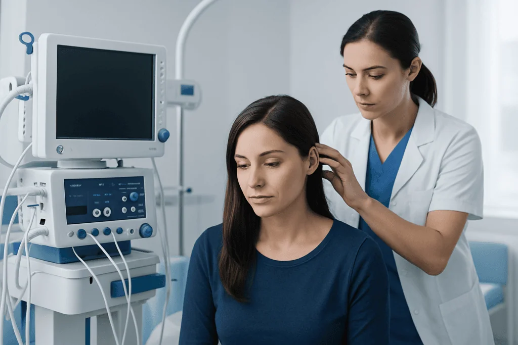 Doctor examining patient's scalp in a medical clinic setting.