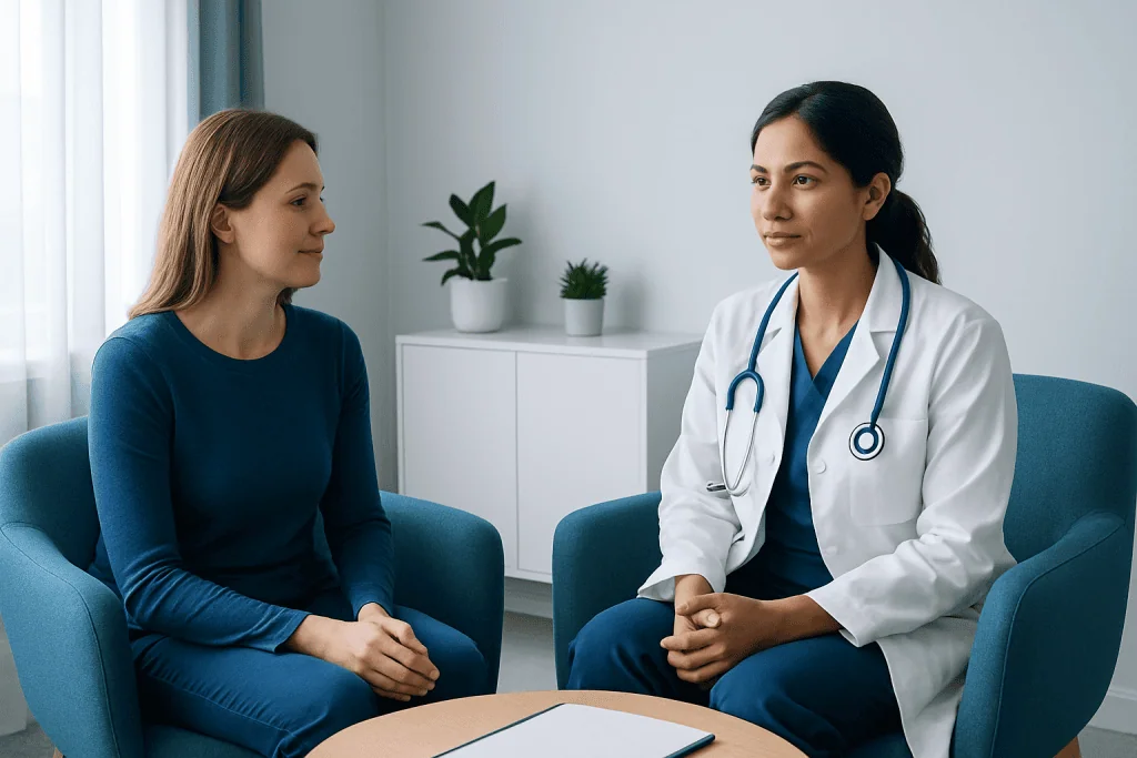 Doctor consulting with a patient in a modern medical office.