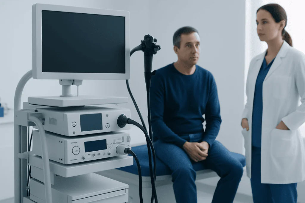 Doctor and patient in a medical consultation room with diagnostic equipment.