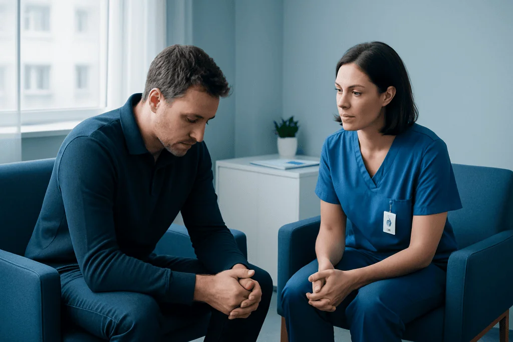 Patient and nurse having a supportive conversation in a medical setting.