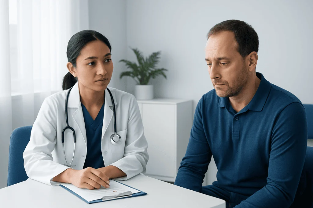 Doctor consulting patient about arsenic poisoning symptoms and causes.