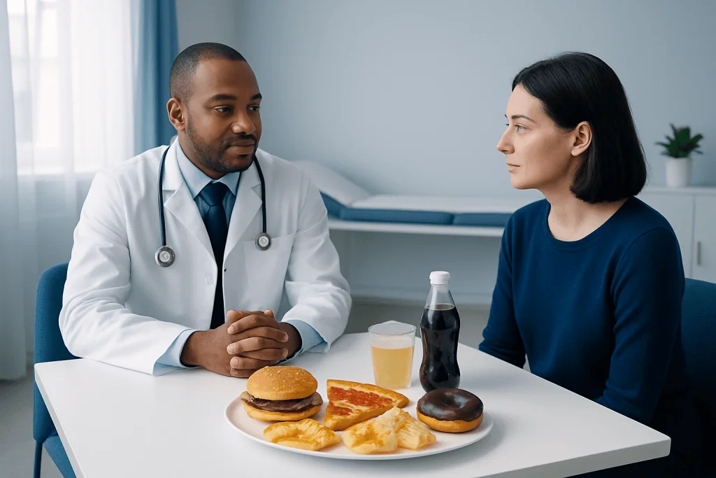 Doctor discussing healthy eating with a patient over a meal.