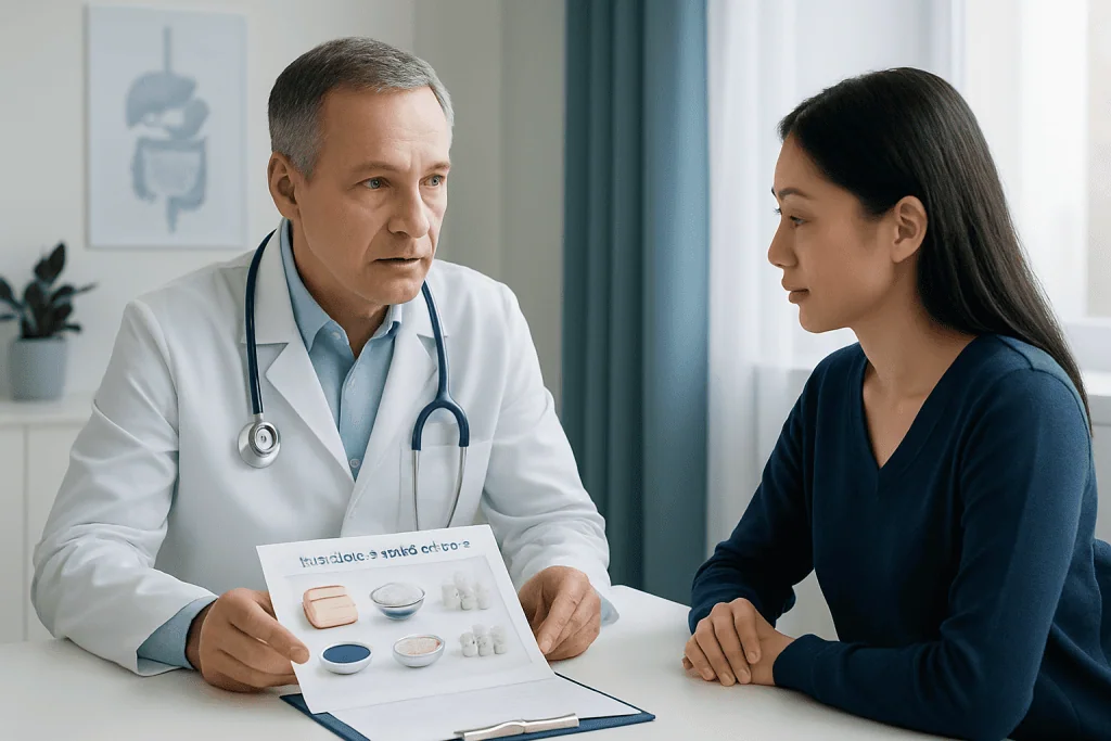 Doctor explaining carbohydrate types to a patient in a medical consultation.